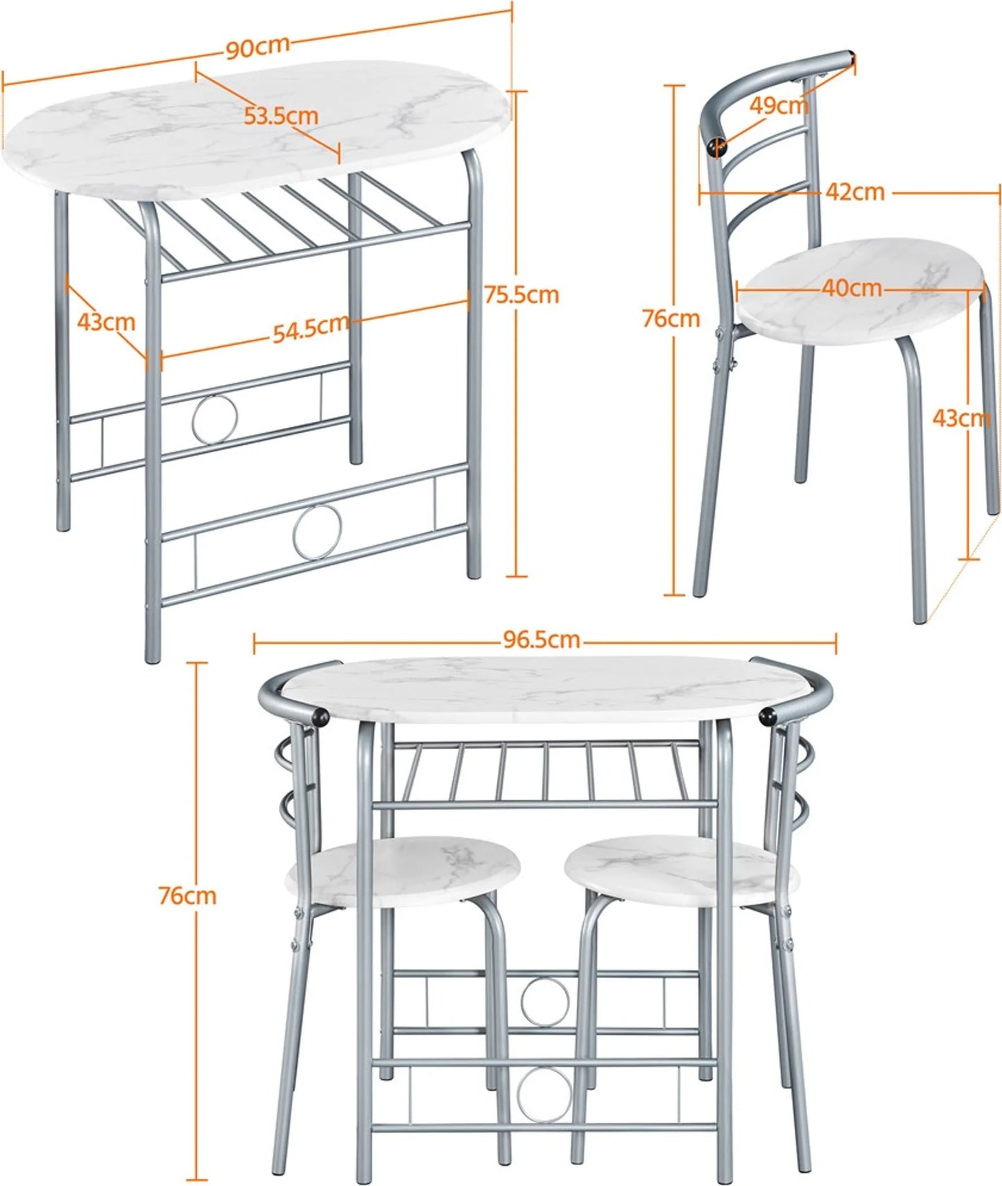 Yaheetech Table de salle à manger 3 pièces - avec rangement sous le plateau et deux chaises avec dossier et design peu encombrant - pour cuisine et balcon - Mdf blanc et métal - 90 x 53 x 75.5 cm