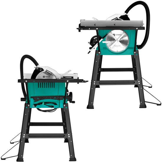 VONROC Table de sciage 2000W - Ø250mm - Grande surface de travail - Angle de sciage réglable de 0° à 45° - Avec technologie soft-start - Lame de scie 60T et support inclus