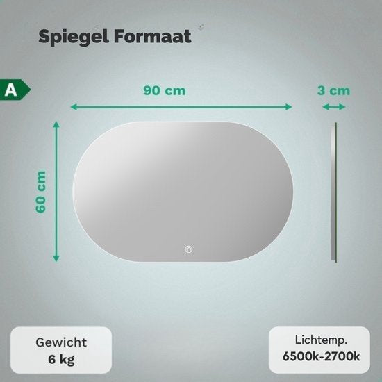 Mirlux Miroir de salle de bain avec éclairage LED et chauffage - Miroir mural ovale - Miroir de douche anti-condensation - 90x60CM
