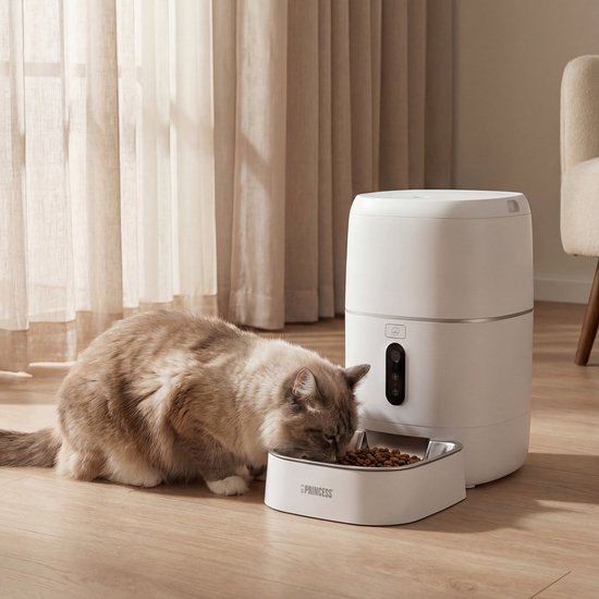 Mangeoire automatique Princess - Caméra HD et fonction intelligente - 6 litres – Chat et chien – Commande via application – Repas programmables – Bol en acier inoxydable – Batterie de secours – Distributeur automatique de nourriture – 610065