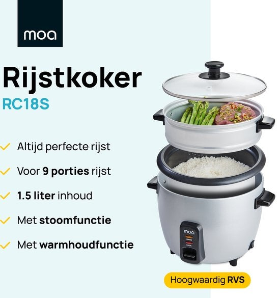 MOA Cuiseur de riz avec cuiseur vapeur 1.5 litres - acier inoxydable - RC18S