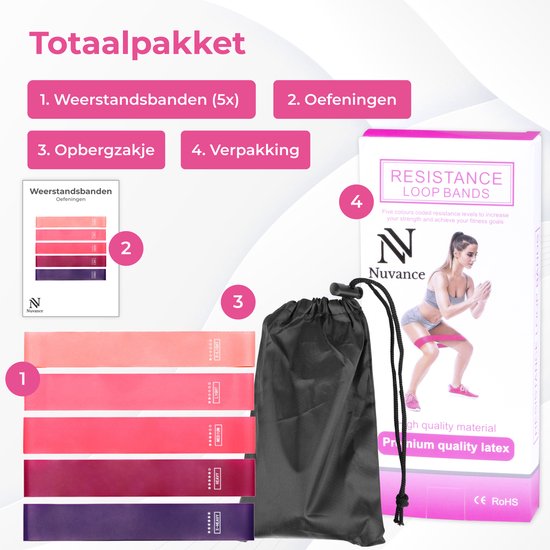 Nuvance - Resistance Bands Set Incl. Carrying Bag - 5 Piece Set - Resistance Band - Fitness Elastic - Incl. eBook - Pink