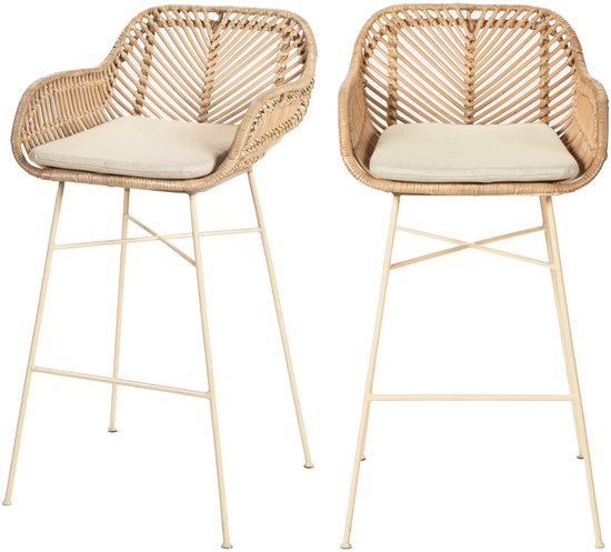 Nunuhai - Lot de 2 tabourets de bar en rotin avec pieds beiges, hauteur 68 cm