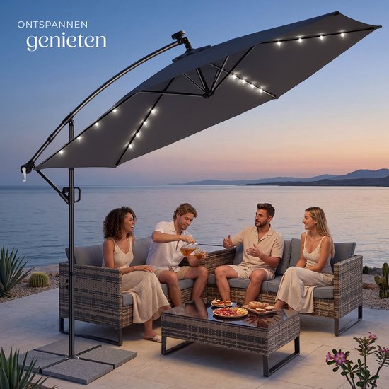 tectake® Parasol suspendu avec pied - 3,5 x 3,5 m - Parasol de jardin avec éclairage LED à énergie solaire - Orientable - Polyester hydrofuge avec protection UV - Housse incluse - Gris
