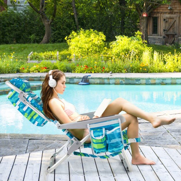 Chaise de plage confortable Coast avec dossier réglable en 5 positions, pliable, structure légère en aluminium, porte-gobelet et compartiments de rangement - Bleu/Vert, 66x65x78 cm