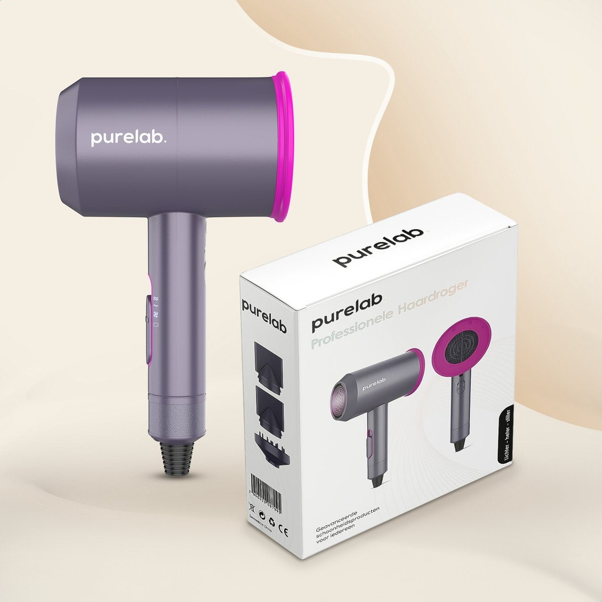 Sèche-cheveux - Purelab - avec diffuseur - Sèche-cheveux ionique - 3 niveaux - Noir