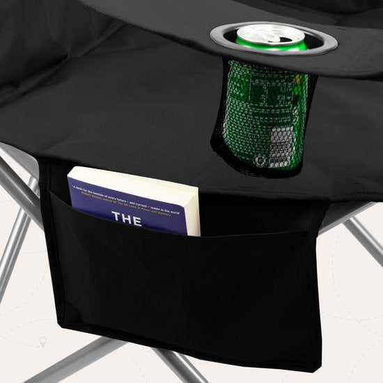 TRVLMORE Chaise de camping - Pliable - Chaise pliante confortable - Capacité de charge de 150 kg - Porte-boisson - Compartiment pour glacière - Poche latérale - Noir