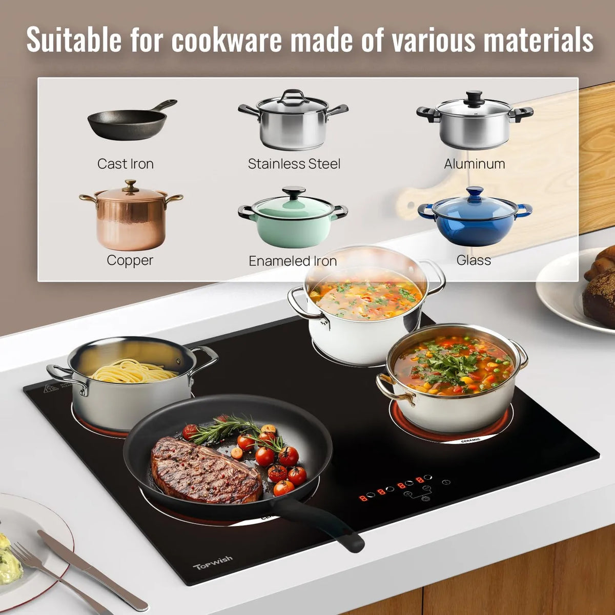 Plaque de cuisson encastrable en céramique Topwish 4 zones - 60 cm - 6 600 W - Commande tactile - Sécurité enfants