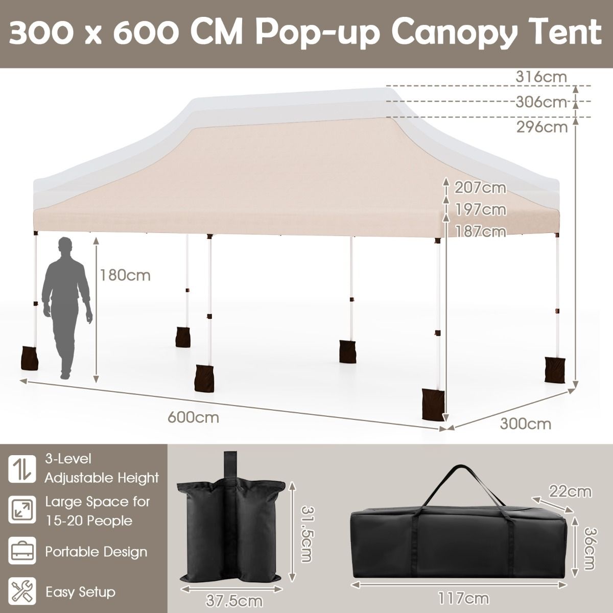 Pavillon de jardin pliable Coast - Tente de fête imperméable - Protection solaire - 300 x 600 cm - Beige