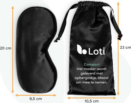 Loti Premium Silk Sleep Mask + Storage Pouch - 100% Darkening Eye Mask - Adjustable - Blindfold - Silky Soft - Anti-wrinkle - Eye Mask - Sleep Mask - Black
