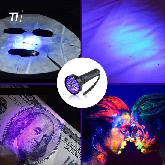 TIKKENS Lampe UV XXL - Lampe de poche UV - 100 LEDs Ultraviolet - Lampe de poche à lumière noire - Détecteur d'urine, de fausse monnaie, d'autres taches - 395nm
