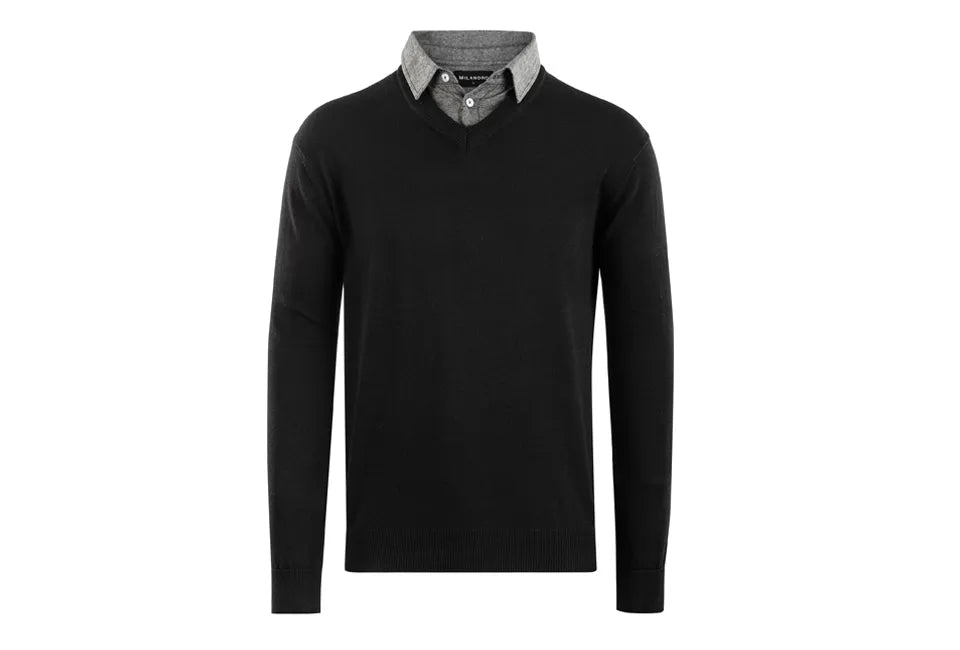 Pull pour homme Milanoro, taille M - Col chemise - Coton/acrylique - Noir