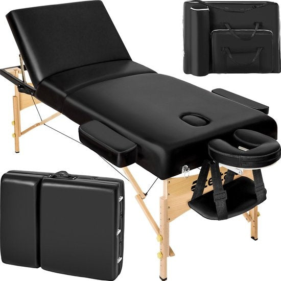 tectake® - Table de massage avec matelas de 10 cm de haut + sac de transport - rembourrage extra épais, revêtement en vinyle résistant à l'eau et à l'huile, design pliable, sac de rangement inclus, idéal pour salon, tatouage, thérapie - noir