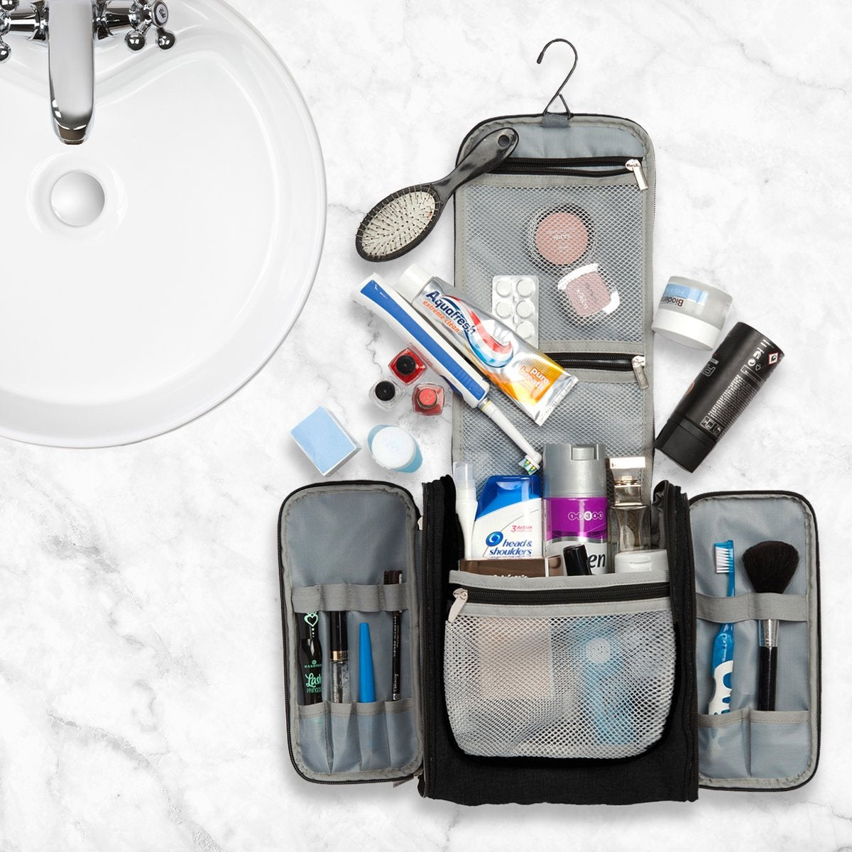 Trousse de toilette XL TRVLMORE - Suspension avec crochet - Noir