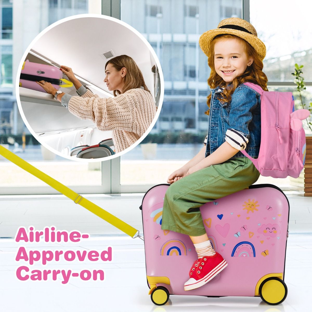 Ensemble valise et sac à dos pour enfant Coast - valise-siège avec motif d'abeilles - poignée réglable - rose