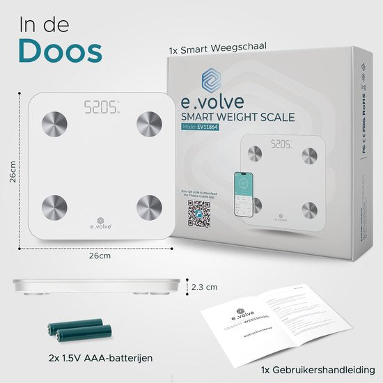e.volve Scales Personal Scale Digital - 20x - White - Smart Scale with Body Analysis - Precision Scales - Scales - Digital Scales - Incl. App.