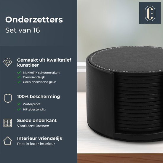 Castagnola Sous-verres en simili-cuir - Sous-verres pour verres - Sous-verres design avec support - Sous-verres en cuir - Cuir - Lot de 16 - Noir avec surpiqûres