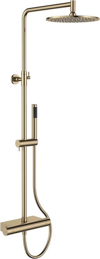 Douche à effet pluie thermostatique Regn avec fonction « cool touch » et tablette, finition or brossé