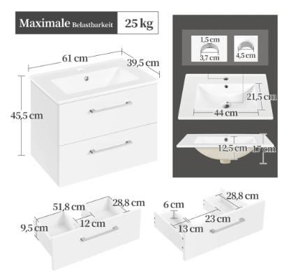 Meuble de salle de bains Yaheetech avec lavabo - Blanc brillant - 61 x 39,5 x 45,5 cm - Fixation murale, 4 tiroirs, lavabo en céramique