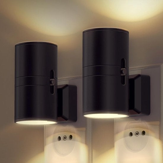Goliving Night Light Socket - 2 pièces - Plug Lights - 10.7 x 9.3 cm - Adultes - Eclairage supérieur et inférieur - Dimmable - Détecteur Jour et Nuit - Plug Light - Noir