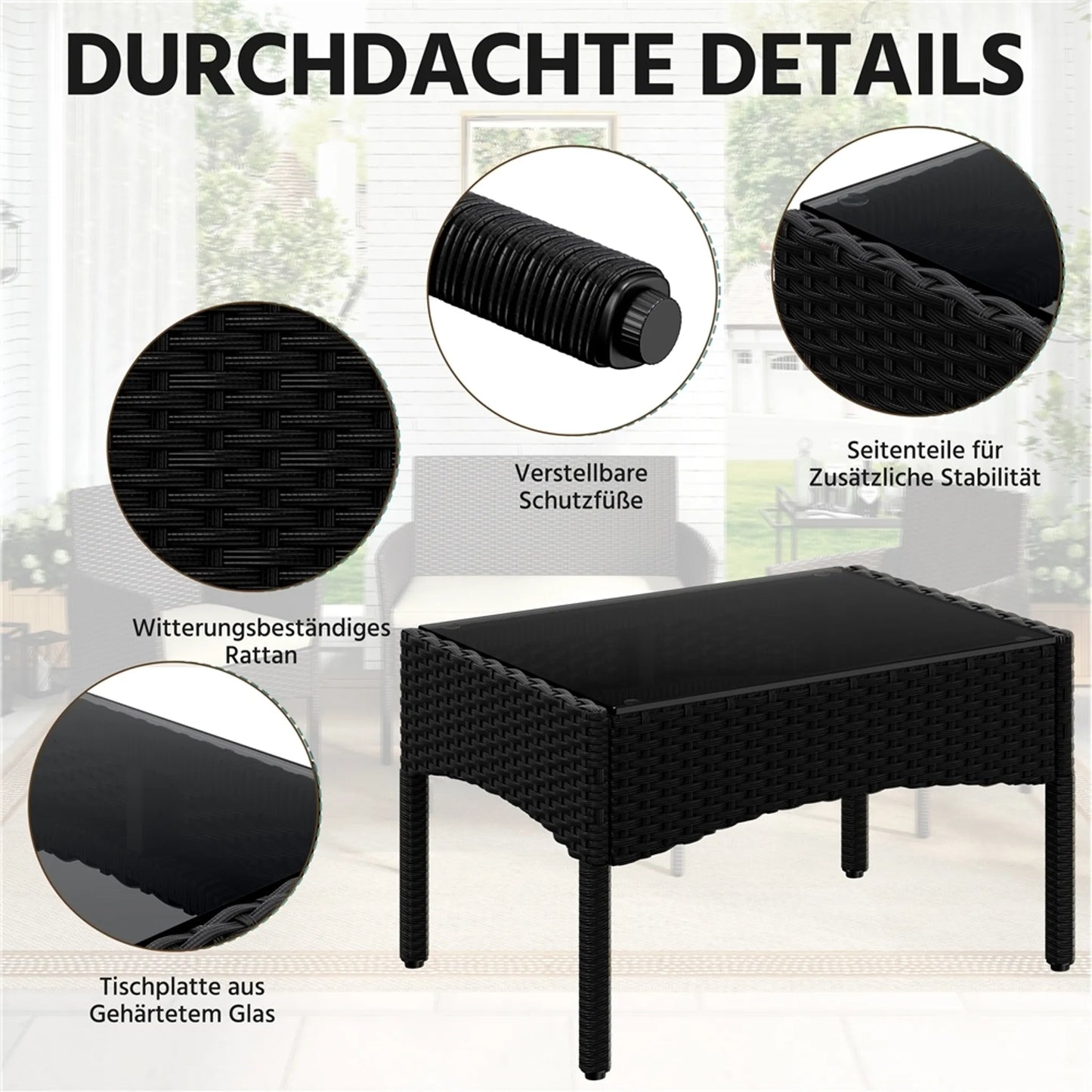 Yaheetech Garden Set Lounge Set 4-Piece - 100 x 59.5 x 83.5 cm - Equipé d'un plateau de table en PE-Rattan tressé à la main et de coussins lavables - Pour le jardin et le balcon - Polyéthylène noir et métal