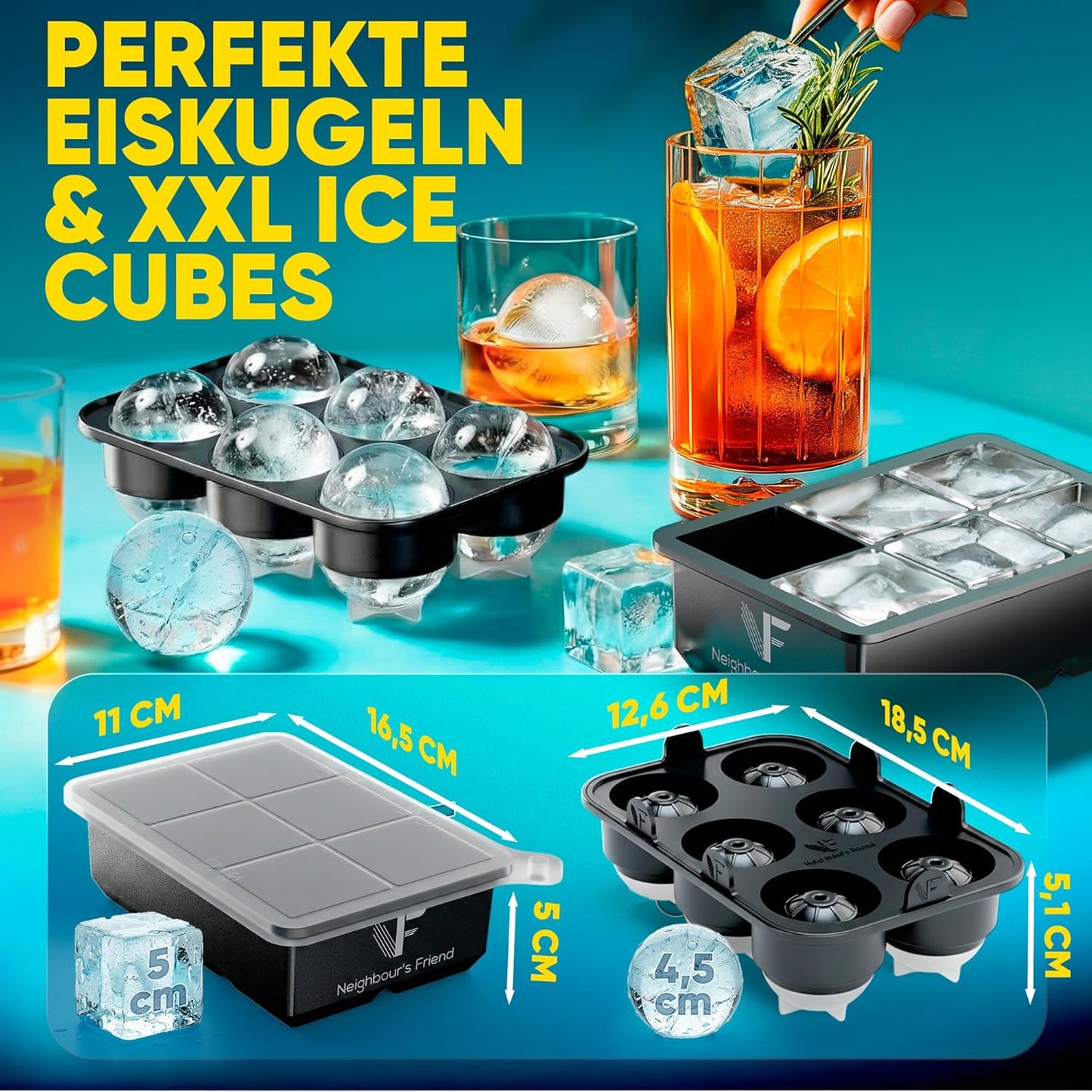 Neighbour's Friend - Moule à glaçons XXL breveté Platinum - grand moule à glaçons rond pour cocktails, gin et boissons - 6 boules de glace + 6 glaçons classiques
