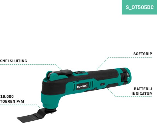 VONROC Battery Multitool 12V - avec lame de grattoir, lame de scie plongeante, tampon de ponçage et papier de verre - Batterie et câble usb-c inclus