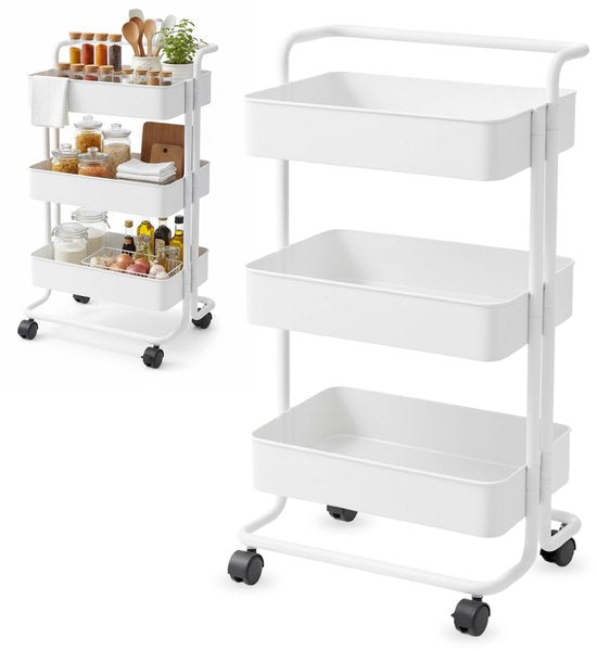 Chariot de cuisine à roulettes - 3 étages - Étagère de cuisine - Chariot de service - Armoire - Chariot - Rangement - Armoires de douche sur pied - Étagère - Blanc - Luft