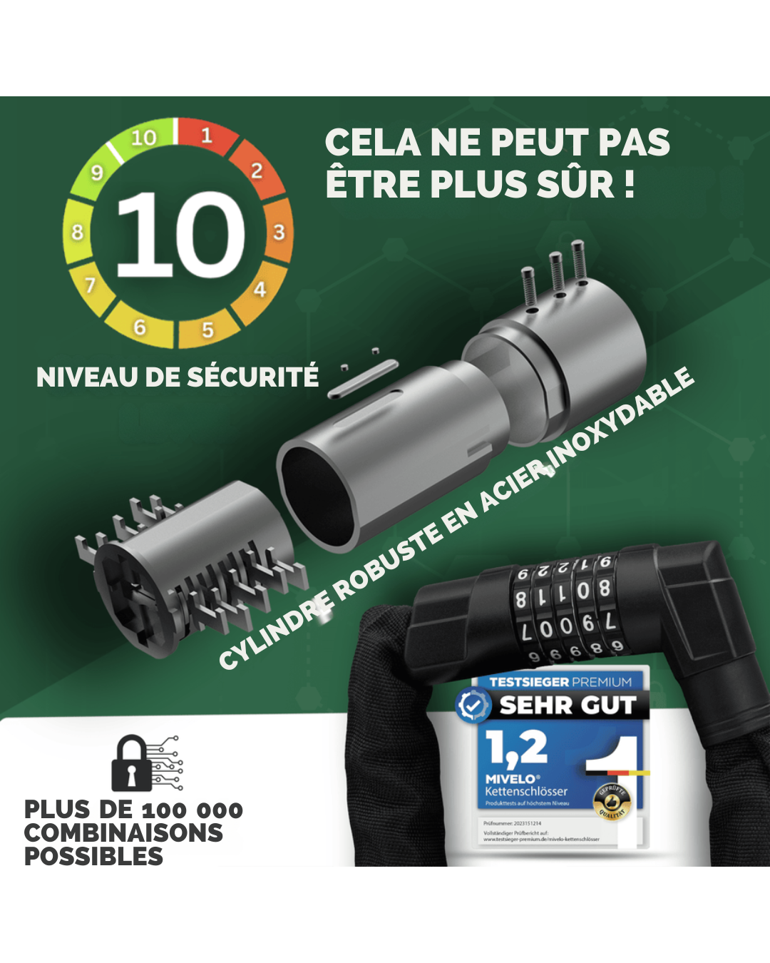 Cadenas à chaîne MIVELO - Avec noyau robuste en acier au carbone et code numérique - 85/100 cm - Noir