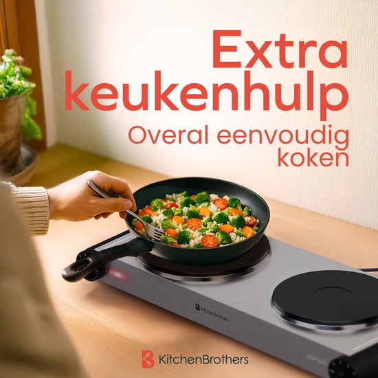 KitchenBrothers Table de cuisson électrique - 2 brûleurs - pose libre - 7 niveaux de température - 1500W + 1000W - inox/noir