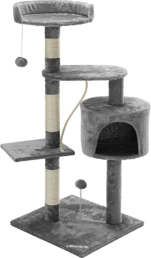 Arbre à chat Cadoca avec 3 zones d'observation, 1 grotte, 2 balles de jeu et une corde.