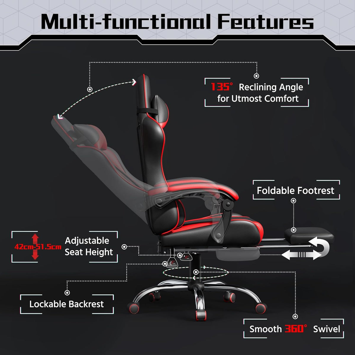 Fauteuil gaming ergonomique Yaheetech - Repose-pieds et coussin de massage - Noir/rouge