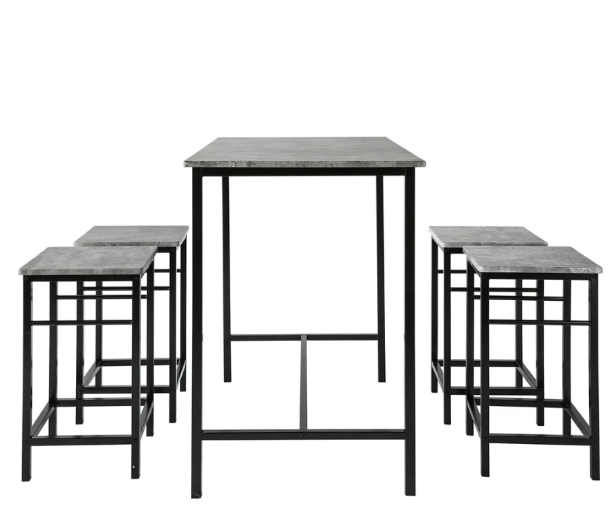 SoBuy Table de bar - 4 tabourets - Ensemble de table de bar - 5 pièces - 100 x 87 - 60 cm - jusqu'à 120 Kg - Gris/Noir