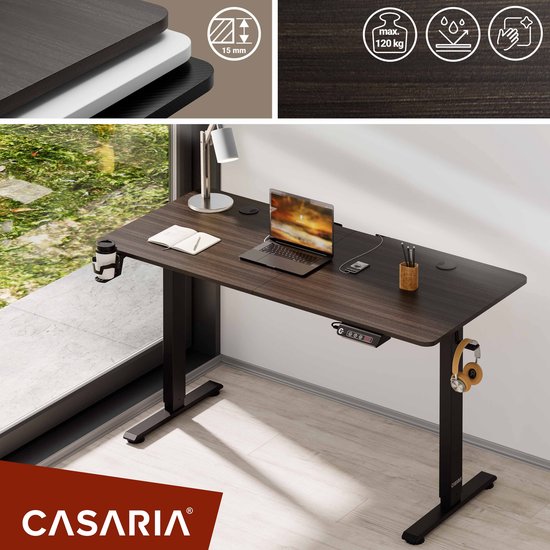 Casaria Bureau assis-debout - Réglable en hauteur Electrique - 140x60cm Marron