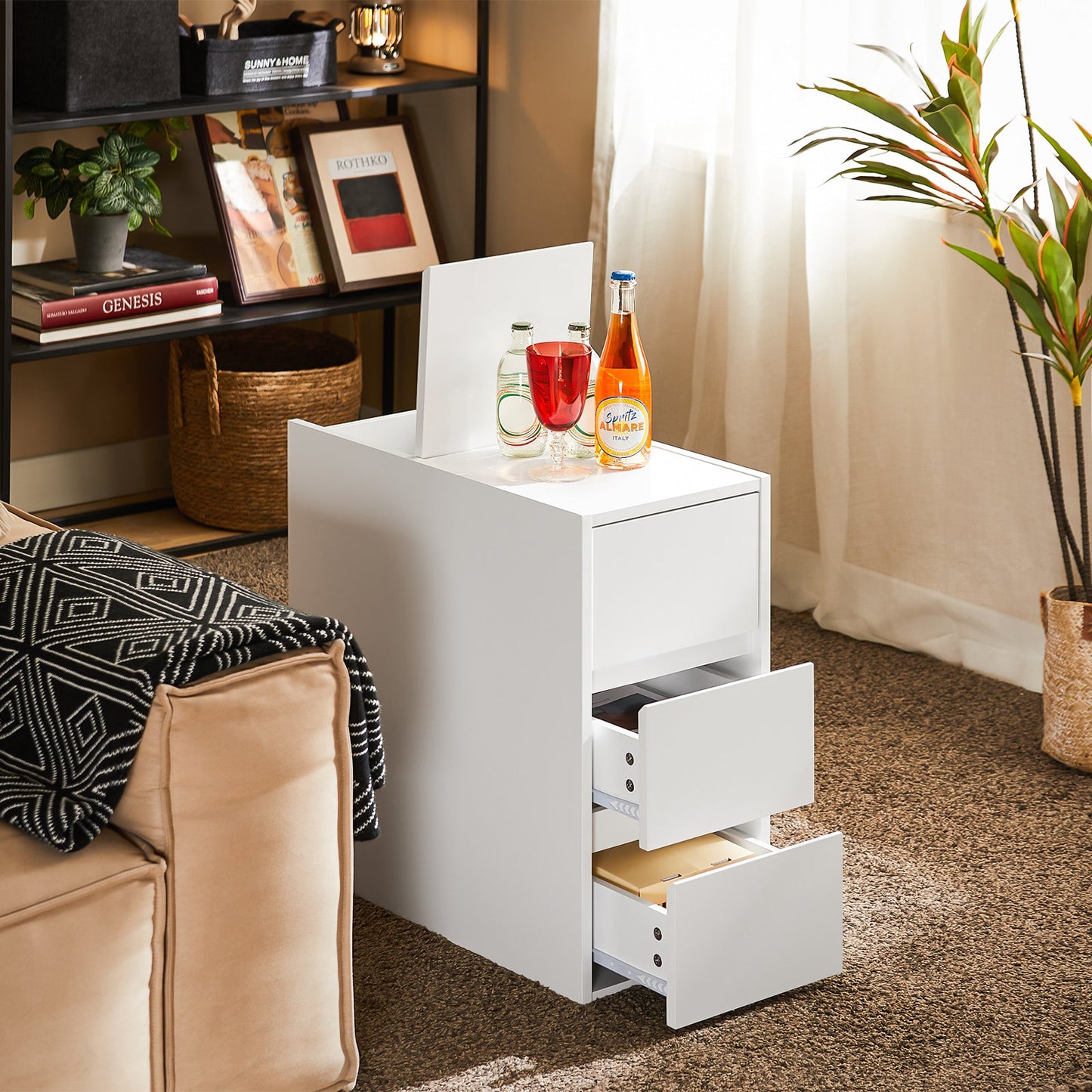 SoBuy FBT144-W Table d'appoint / Table de chevet / Table banc - Blanc - 30x60x60 cm - Table de rangement compacte avec 3 tiroirs et compartiment vertical