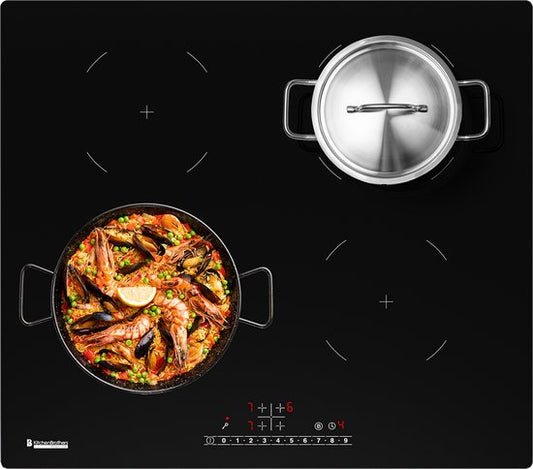 Table de cuisson à induction KitchenBrothers - encastrable - 60 cm - 4 zones - 1 et 2 phases - Jusqu'à 2400W - Noir