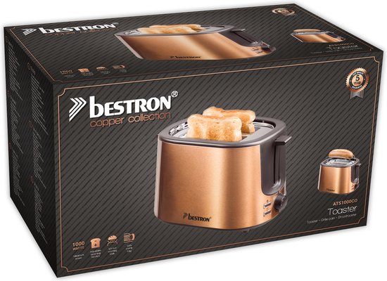 Grille-pain Bestron ATS1000CO - 1 000 W - 7 niveaux de brunissage - 2 fentes pour 2 tranches de pain - Cuivre - Garantie de 5 ans