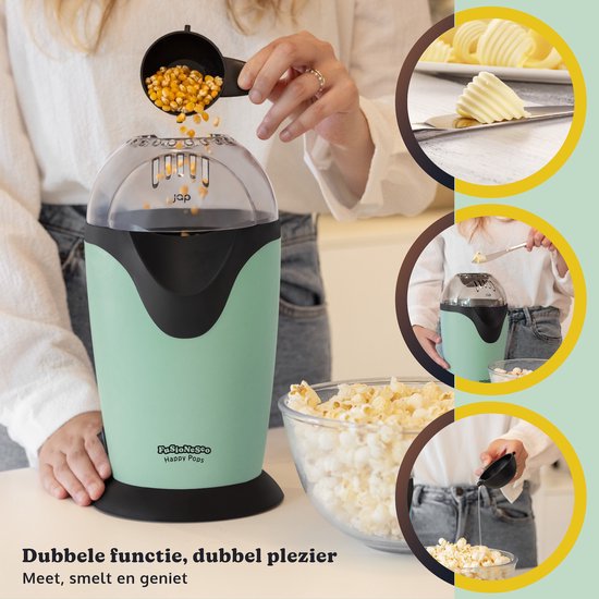 JAP Appliances Happy Pops - Machine à pop-corn rétro (2-3 personnes) 1200W - Cuillère à mesurer et à faire fondre le beurre incluse - Prêt en 3 minutes - Sans huile - Vert