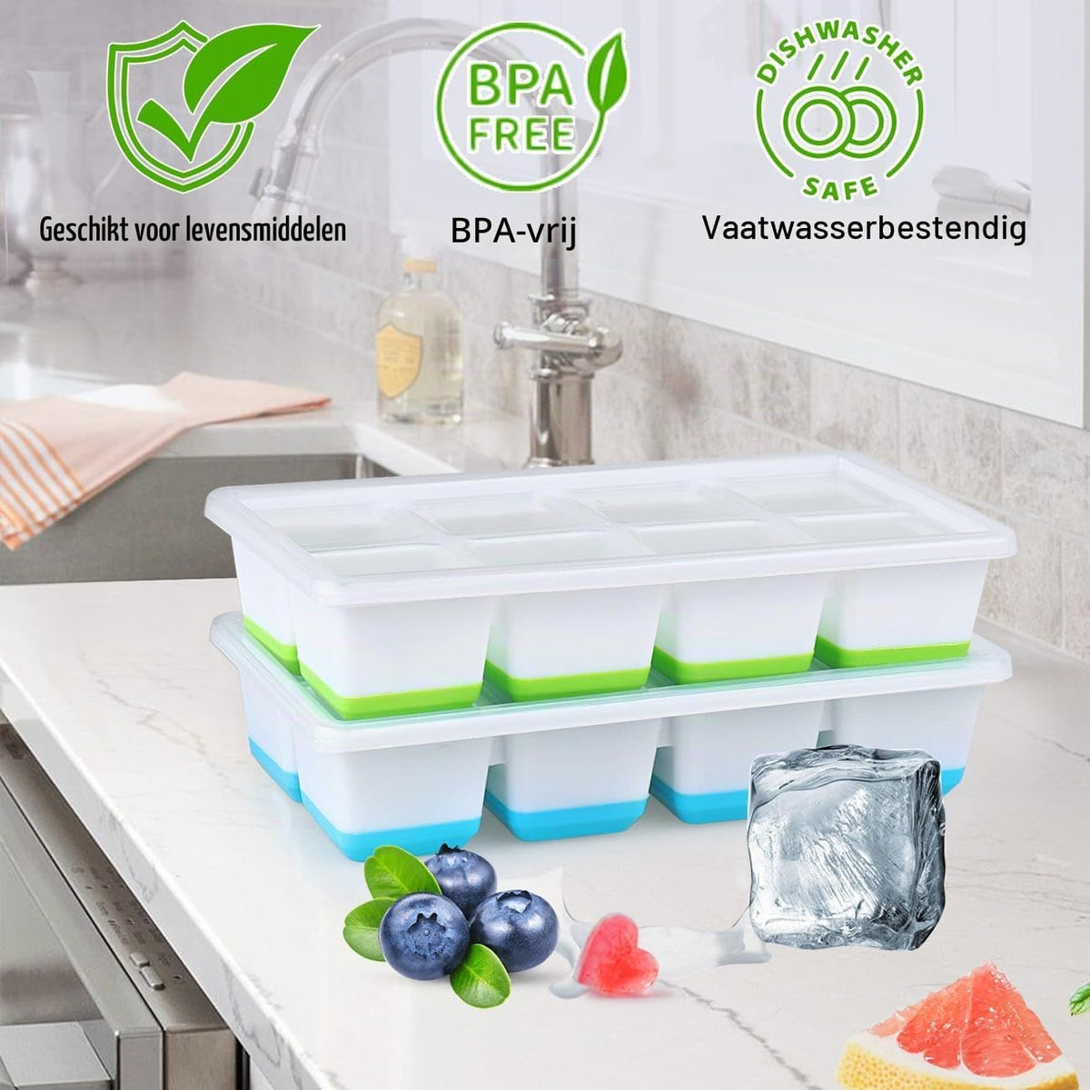 Moule à glaçons en silicone grand format avec couvercle, lot de 2 - Glaçons de 4,5 x 4,5 x 4 cm - Sans BPA et empilables - Rose