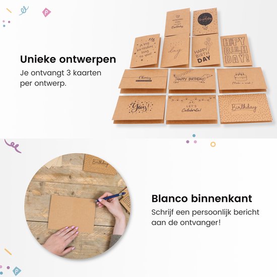 Partizzle 36x Cartes d'anniversaire durables avec enveloppe - Envoyer des cartes postales - Cartes d'anniversaire amusantes en kraft - Adultes - 15x10 cm
