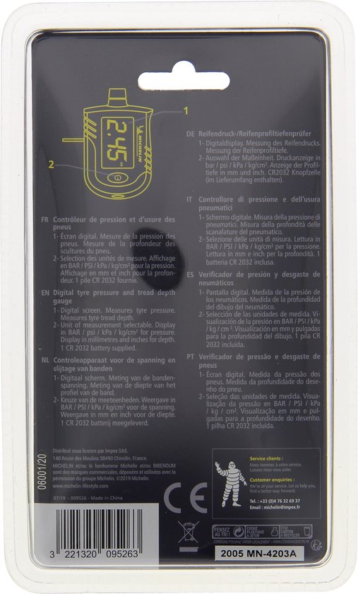 Manomètre numérique Michelin pour la pression des pneus et la bande de roulement - 0,35 à 7 bar