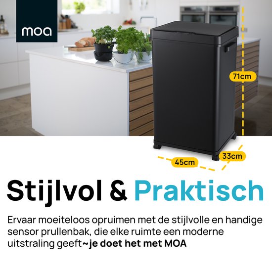 MOA Sensor Trash Can 68 Liter - Silent Lid - Delayed Close Mode - Stainless Steel & Durable ABS - Waste Bin - Garbage Can - Black