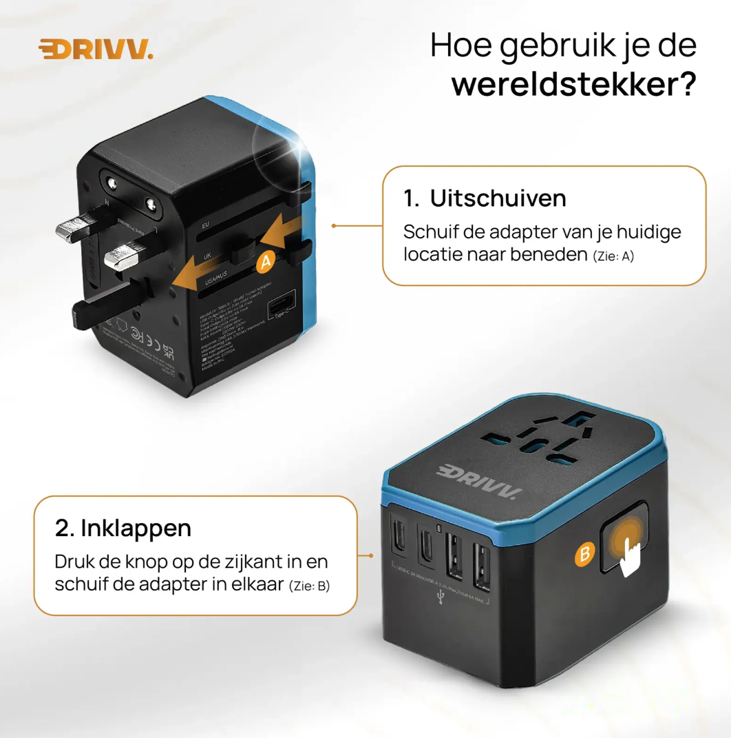 Drivv - Adaptateur universel USB-C - 6 ports - 2 300 W - Compatible avec plus de 150 pays