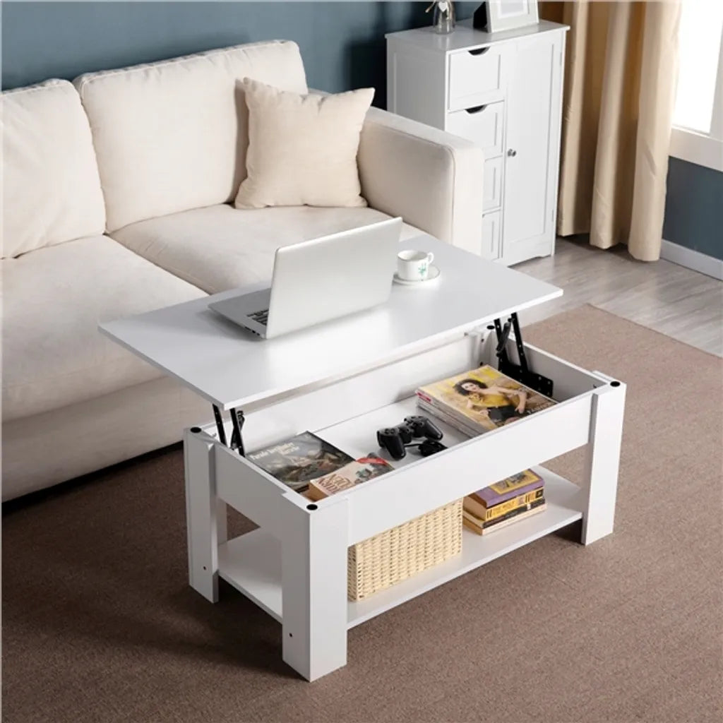 Table basse Yaheetech à plateau réglable 98 x 50 x 41,8 cm - Blanche - Table basse escamotable à levage vertical avec espace de rangement
