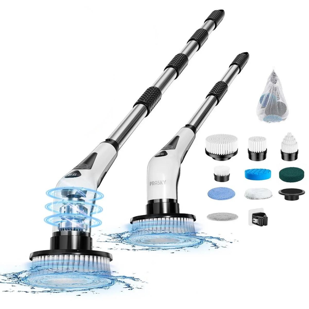 Brosse à récurer électrique sans fil Prasky - 9 têtes de brosse et manche télescopique de 55 à 120 cm - 400 tr/min - Étanche IPX8 - Noir