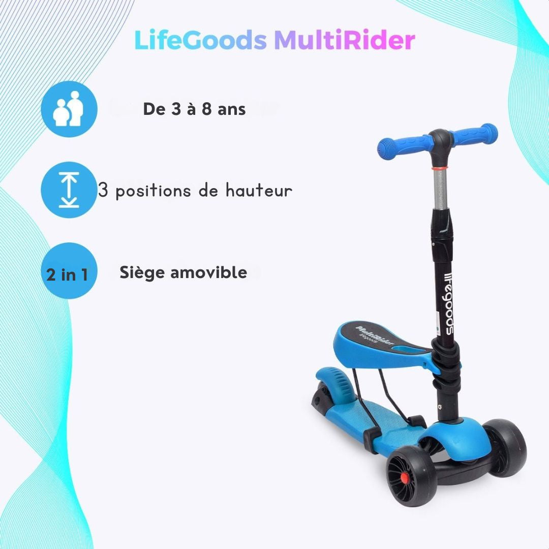 Scooter pour enfants LifeGoods MultiRider - Étape 3-8 ans - Siège réglable - Roues lumineuses - Garçons/Filles - Bleu