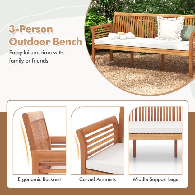 Banc de jardin Coast 3 places en bois d'acacia avec coussins – 159 x 59 x 77 cm – Naturel