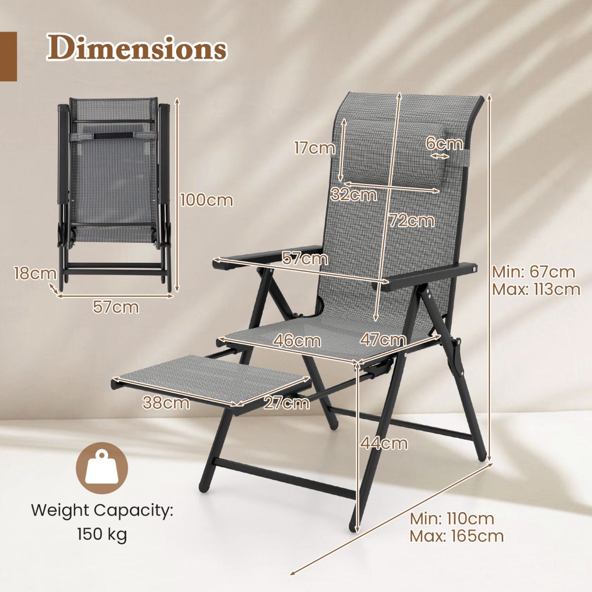 Ensemble de chaises de jardin Coast - pliables - dossier et repose-pieds réglables - gris