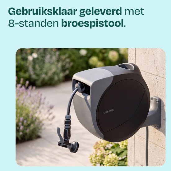 Enrouleur de tuyau automatique VONROC – boîtier mural – avec tuyau d'arrosage haut de gamme de 20 m, pistolet d'arrosage à 8 positions et raccords – noir/gris