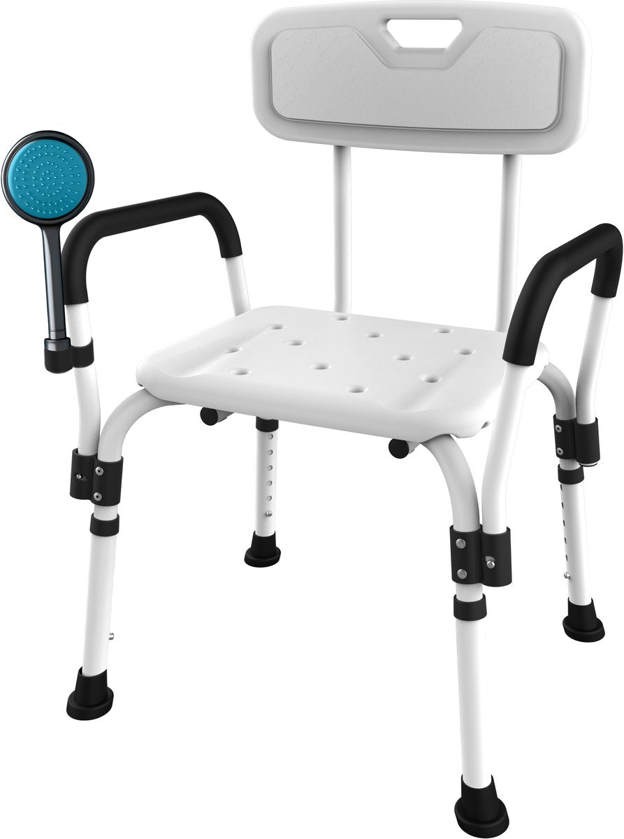Brixy Shower Chair White 72-90 cm - Tabouret de douche réglable avec dossier et accoudoir amovibles, assise antidérapante et rembourrée, Max. 150 kg